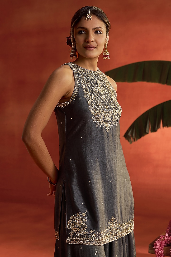 Grey Silk Thread Work Wedding Sharara Set by Kritika Dawar at Pernia's Pop Up Shop