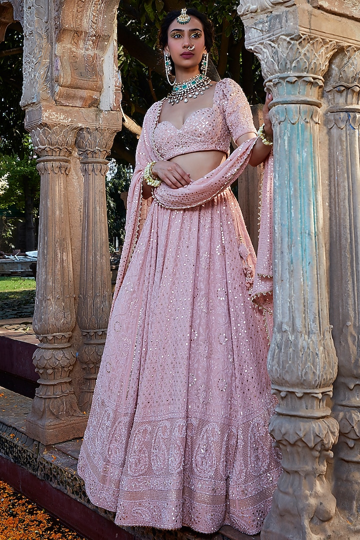 Pink Chikankari Georgette Embroidered Lehenga Set by Kritika Dawar
