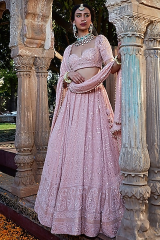 Pink Chikankari Georgette Embroidered Lehenga Set by Kritika Dawar