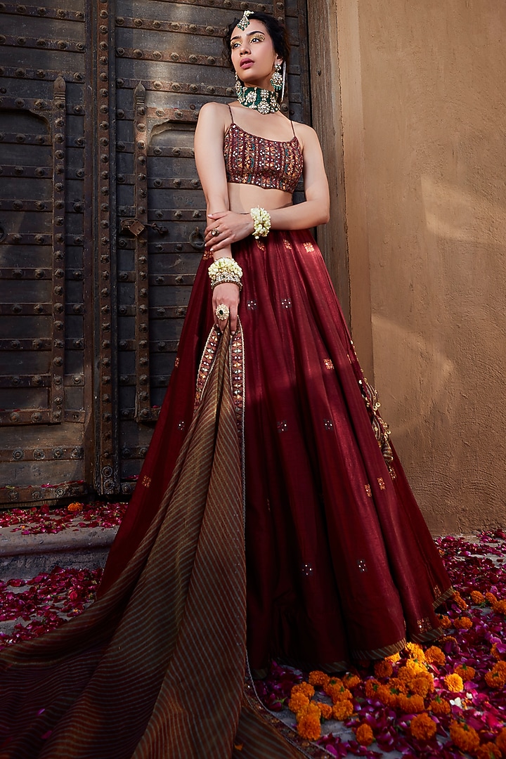 Maroon Silk Hand Embroidered Wedding Lehenga Set by Kritika Dawar at Pernia's Pop Up Shop