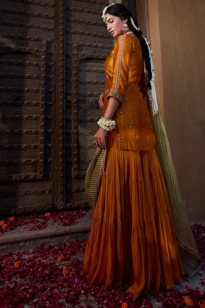Mustard Yellow Chinon Tiered Wedding Sharara Set by Kritika Dawar at Pernia's Pop Up Shop