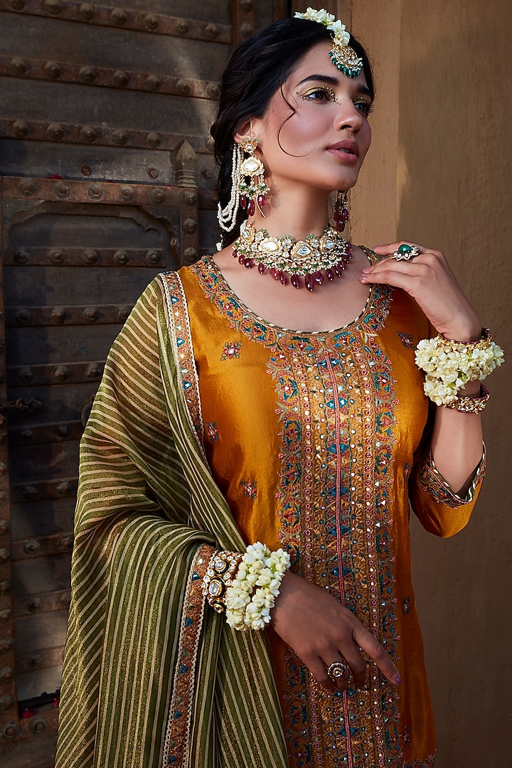 Mustard Yellow Chinon Tiered Wedding Sharara Set by Kritika Dawar at Pernia's Pop Up Shop