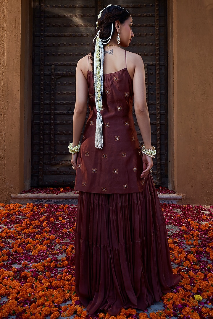 Rose Brown Chinon Tiered Wedding Sharara Set by Kritika Dawar at Pernia's Pop Up Shop