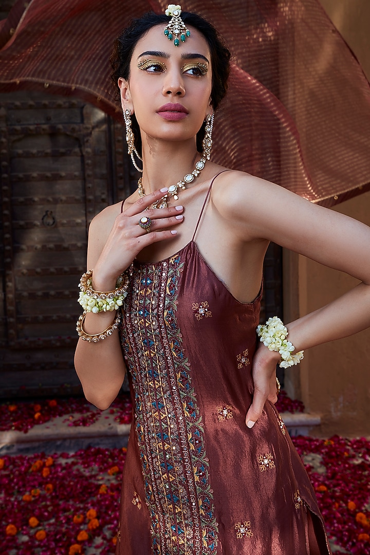 Rose Brown Chinon Tiered Wedding Sharara Set by Kritika Dawar at Pernia's Pop Up Shop