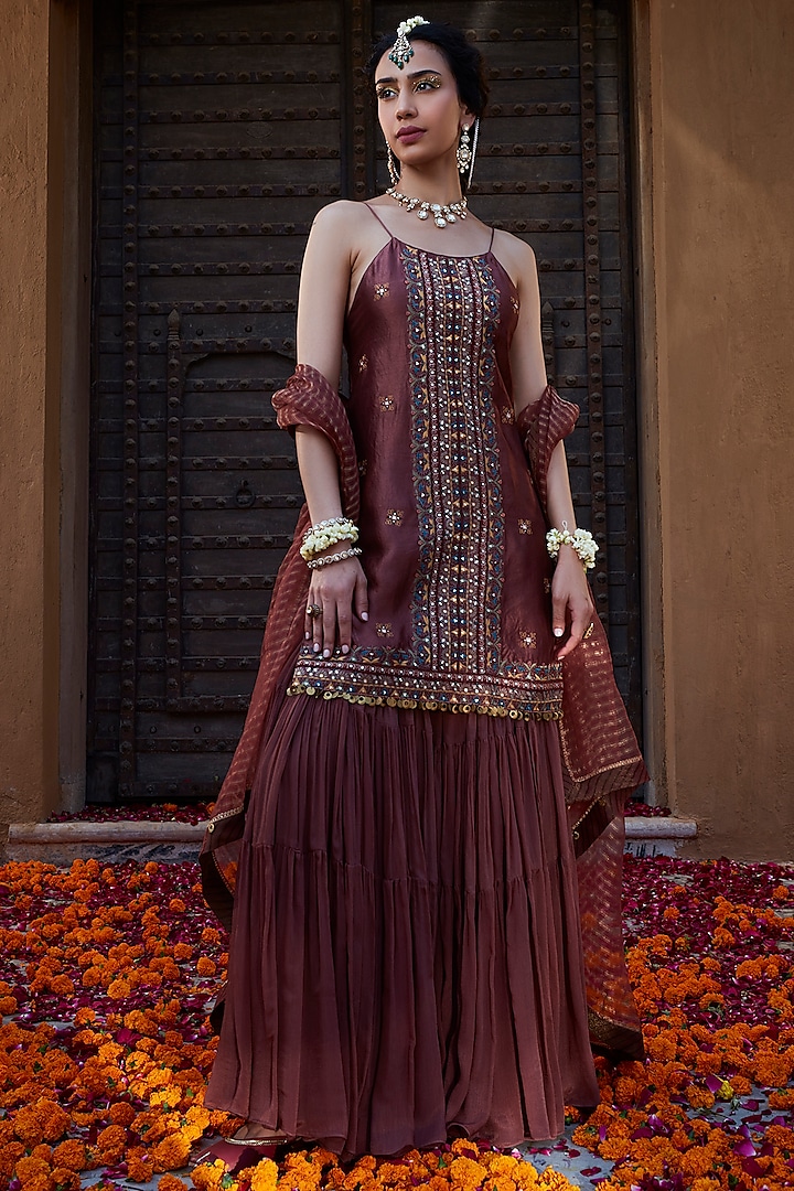 Rose Brown Chinon Tiered Wedding Sharara Set by Kritika Dawar at Pernia's Pop Up Shop