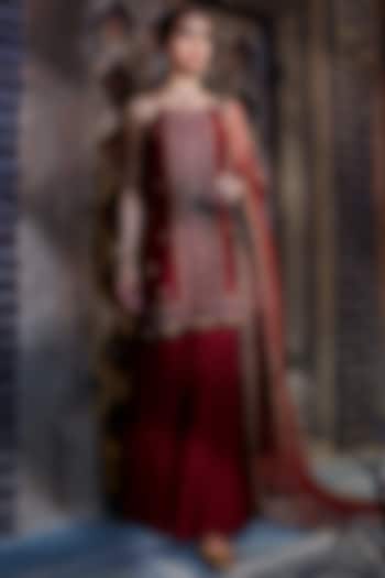 Maroon Chinon Tiered Wedding Sharara Set by Kritika Dawar at Pernia's Pop Up Shop