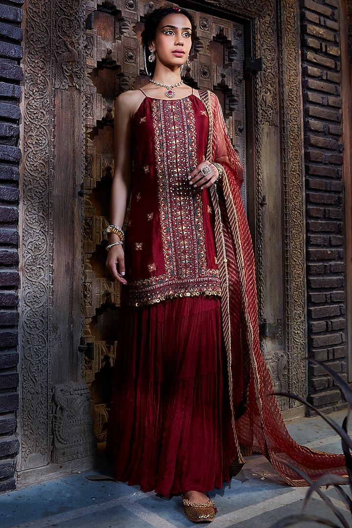 Maroon Chinon Tiered Wedding Sharara Set by Kritika Dawar at Pernia's Pop Up Shop