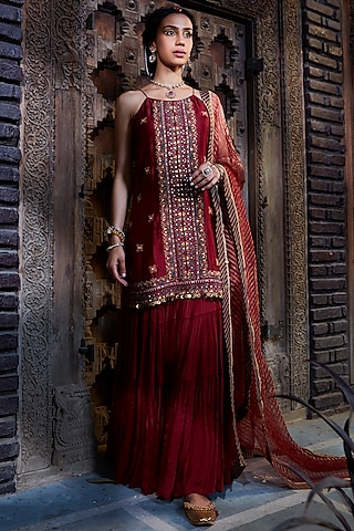 Maroon Chinon Tiered Sharara Set by Kritika Dawar