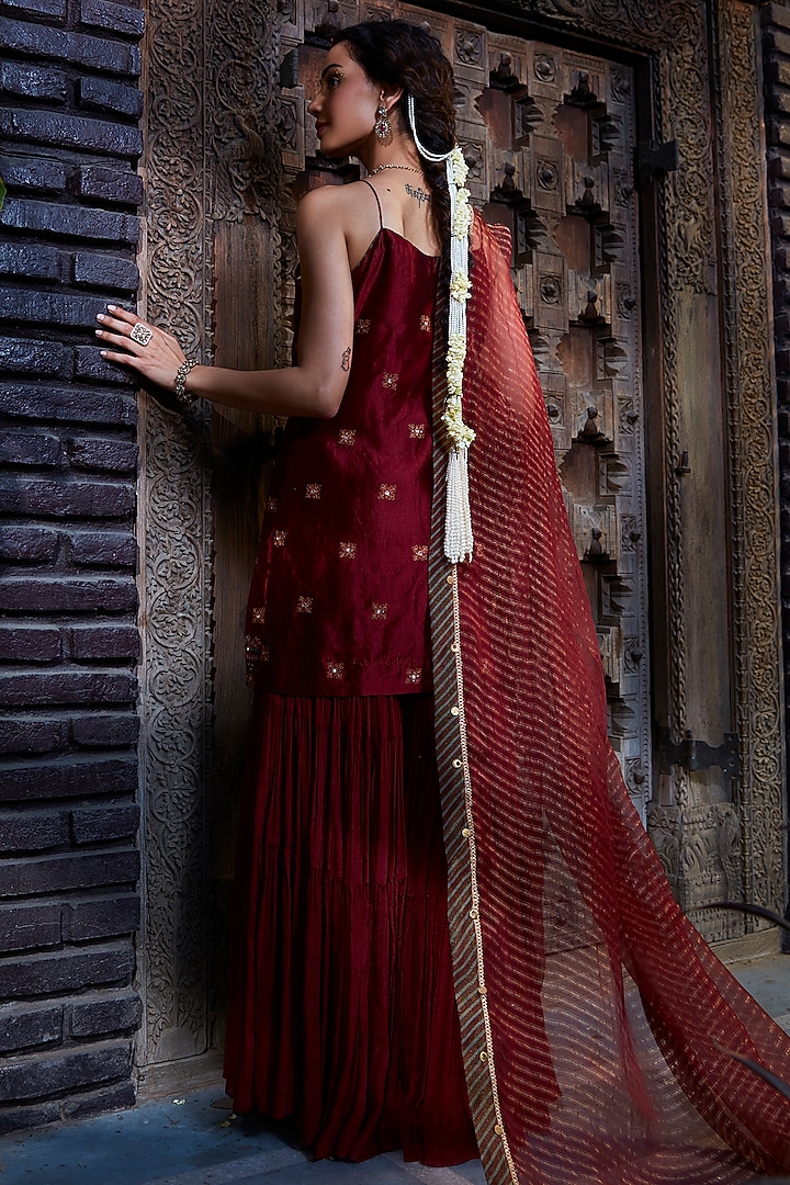 Maroon Chinon Tiered Wedding Sharara Set by Kritika Dawar at Pernia's Pop Up Shop