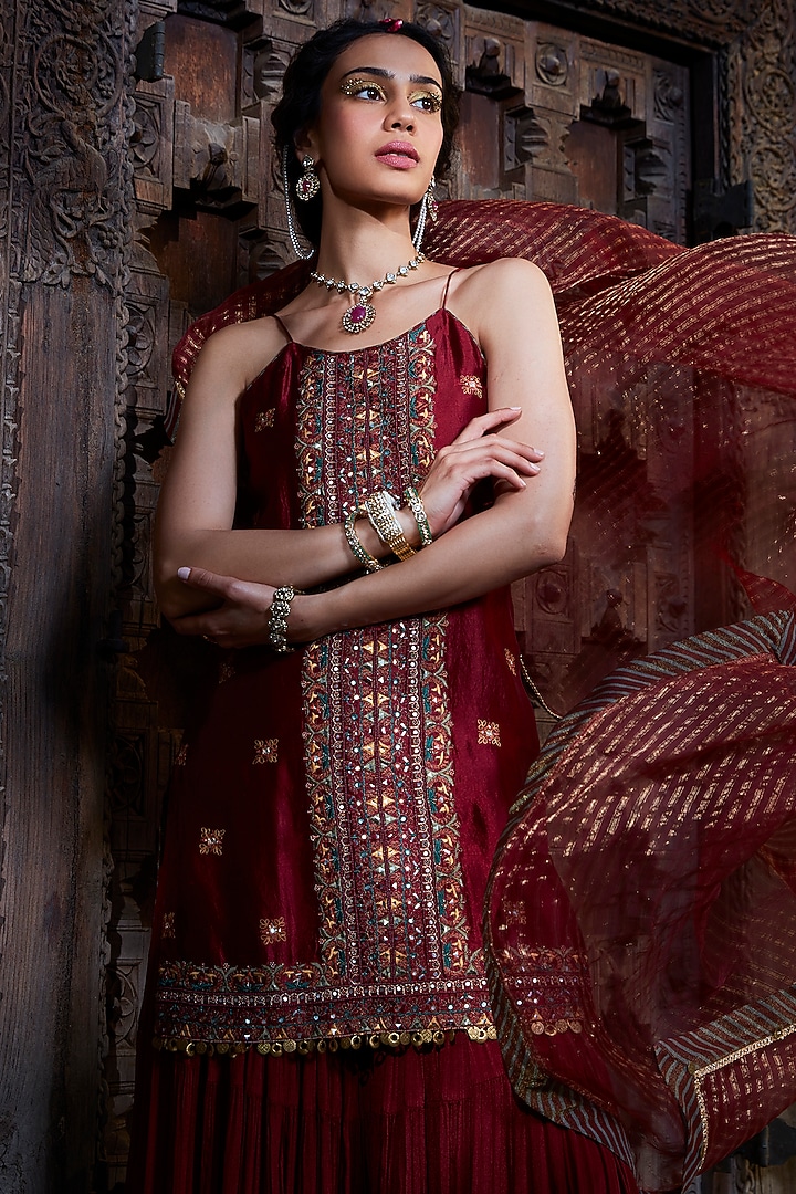 Maroon Chinon Tiered Wedding Sharara Set by Kritika Dawar at Pernia's Pop Up Shop