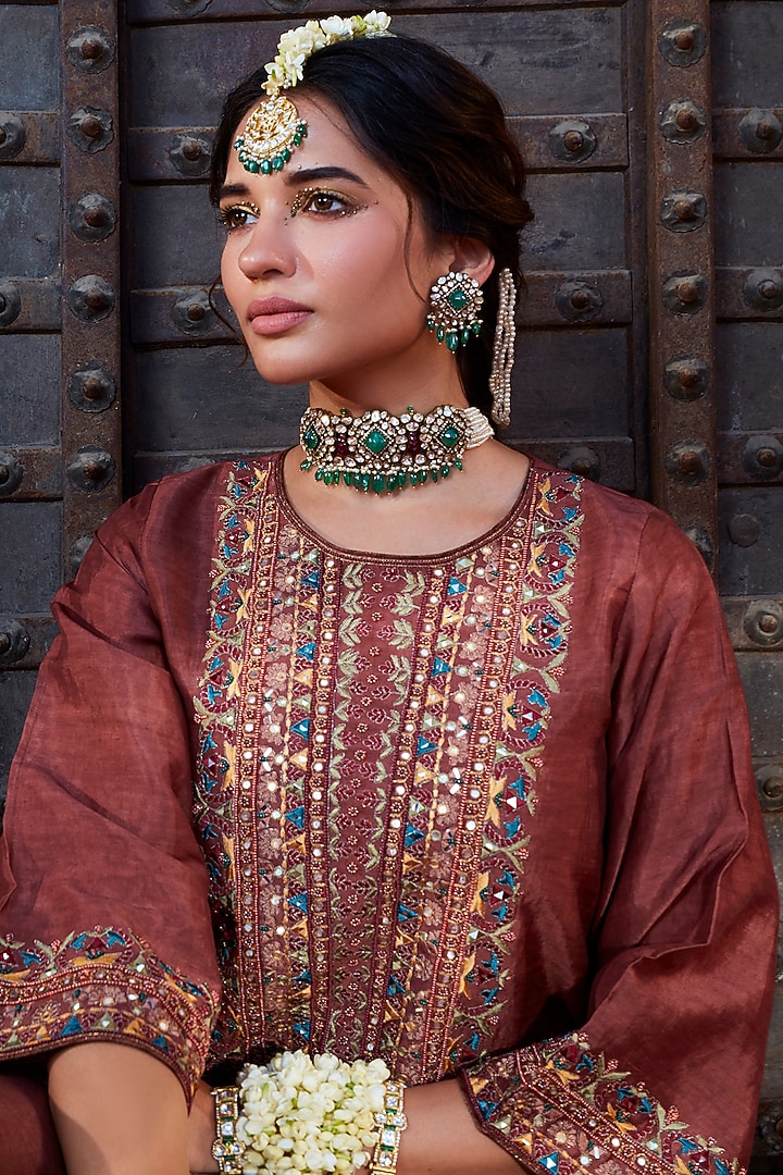 Rose Brown Linen Silk Embroidered Kurta Set by Kritika Dawar at Pernia's Pop Up Shop
