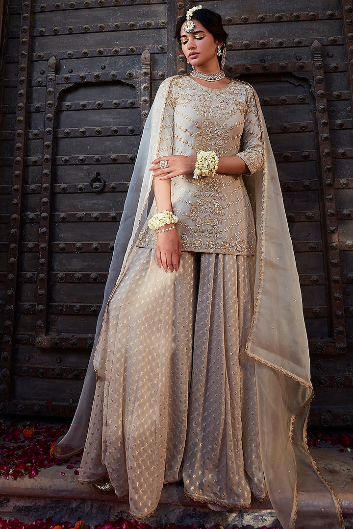 Ivory Banarasi Georgette Sharara Set by Kritika Dawar at Pernia's Pop Up Shop