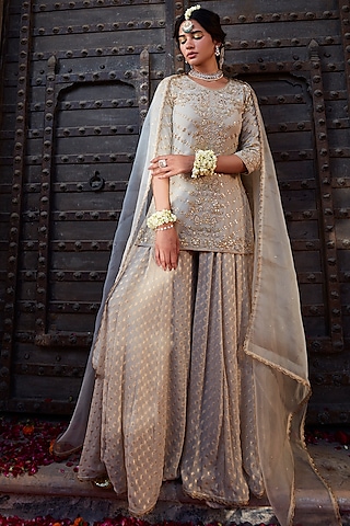 Ivory Banarasi Georgette Sharara Set by Kritika Dawar