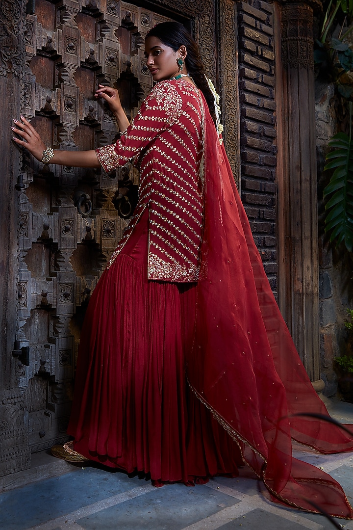 Maroon Chinon Gharara Set by Kritika Dawar at Pernia's Pop Up Shop