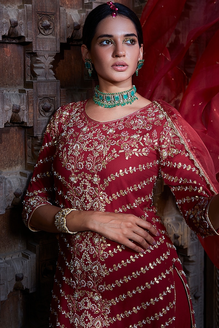 Maroon Chinon Gharara Set by Kritika Dawar at Pernia's Pop Up Shop