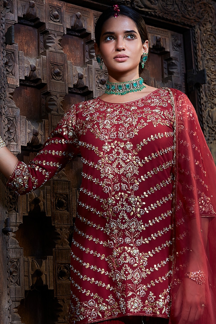Maroon Chinon Gharara Set by Kritika Dawar at Pernia's Pop Up Shop
