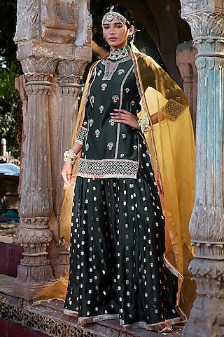Teal Banarasi Chanderi Sharara Set by Kritika Dawar