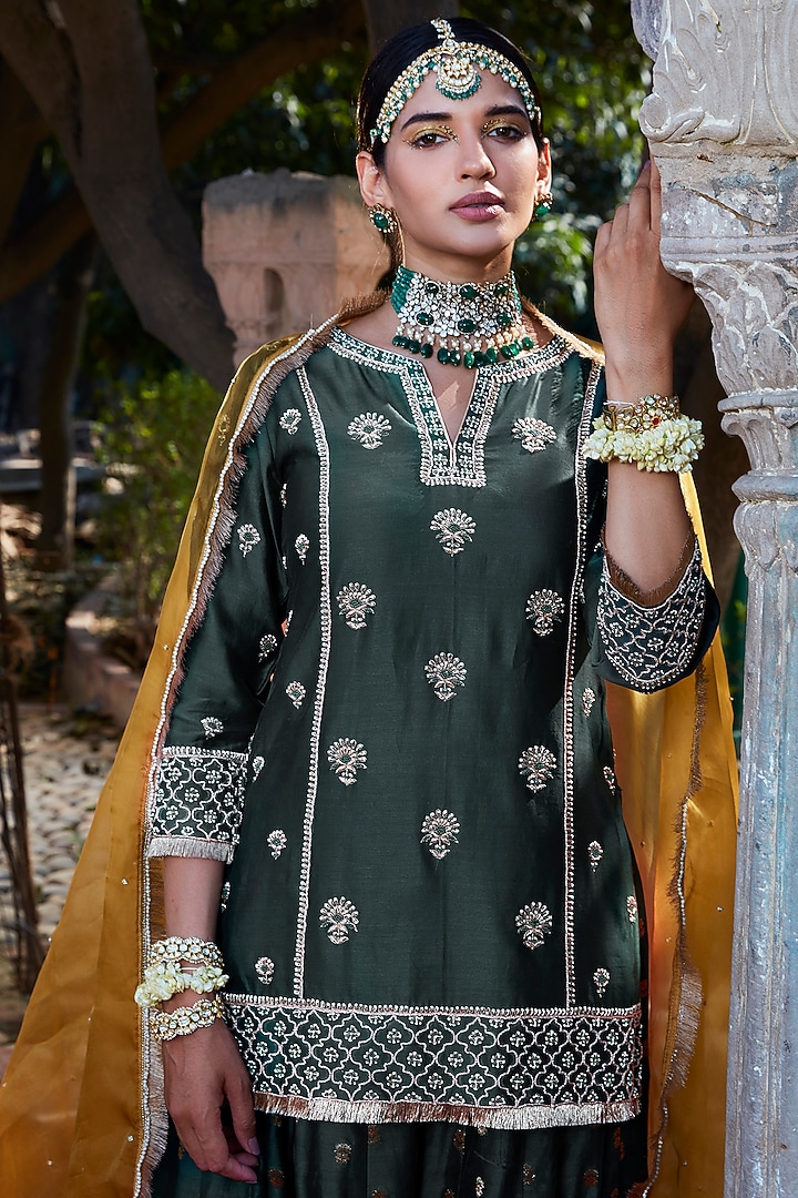 Teal Banarasi Chanderi Wedding Sharara Set by Kritika Dawar at Pernia's Pop Up Shop