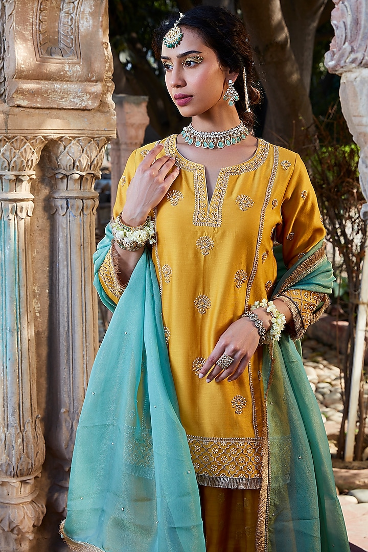 Yellow Banarasi Chanderi Wedding Sharara Set by Kritika Dawar at Pernia's Pop Up Shop