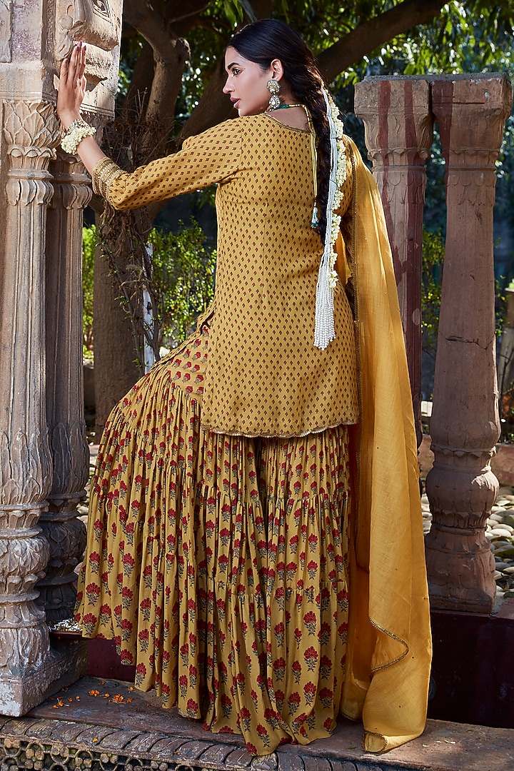 Yellow Silk Mulmul Printed Tiered Gharara Set by Kritika Dawar at Pernia's Pop Up Shop