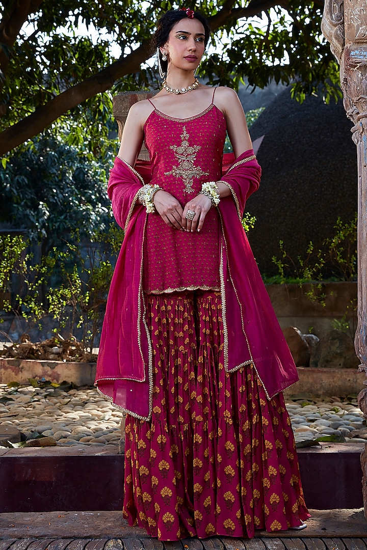 Magenta Silk Mulmul Printed Tiered Gharara Set by Kritika Dawar