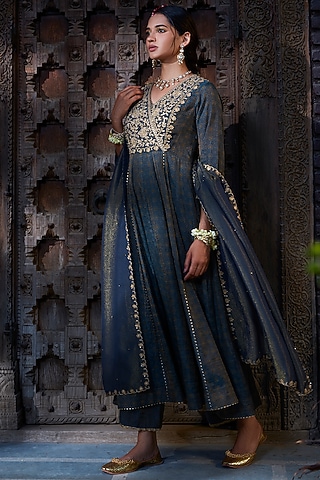 Teal Chanderi Tissue Printed & Embroidered Anarkali Set by Kritika Dawar