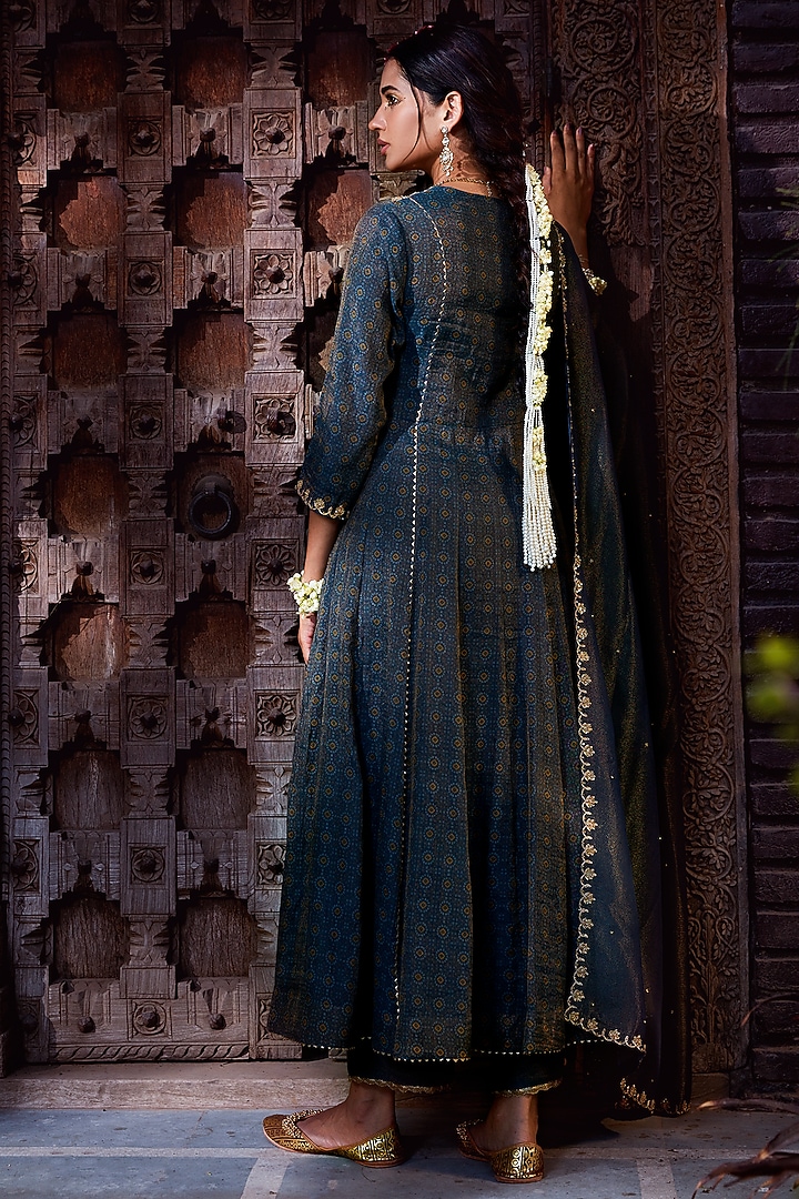 Teal Chanderi Tissue Printed & Embroidered Party Wear Anarkali Set by Kritika Dawar at Pernia's Pop Up Shop