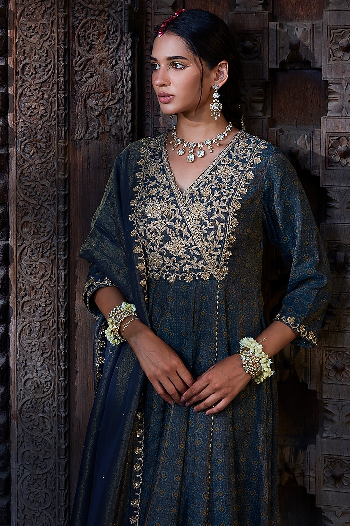 Teal Chanderi Tissue Printed & Embroidered Party Wear Anarkali Set by Kritika Dawar at Pernia's Pop Up Shop