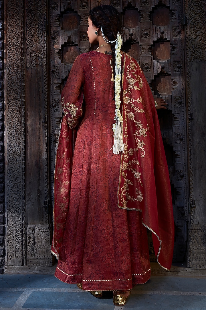 Rust Tissue Chanderi Printed & Embroidered Angrakha Kurta Set by Kritika Dawar at Pernia's Pop Up Shop