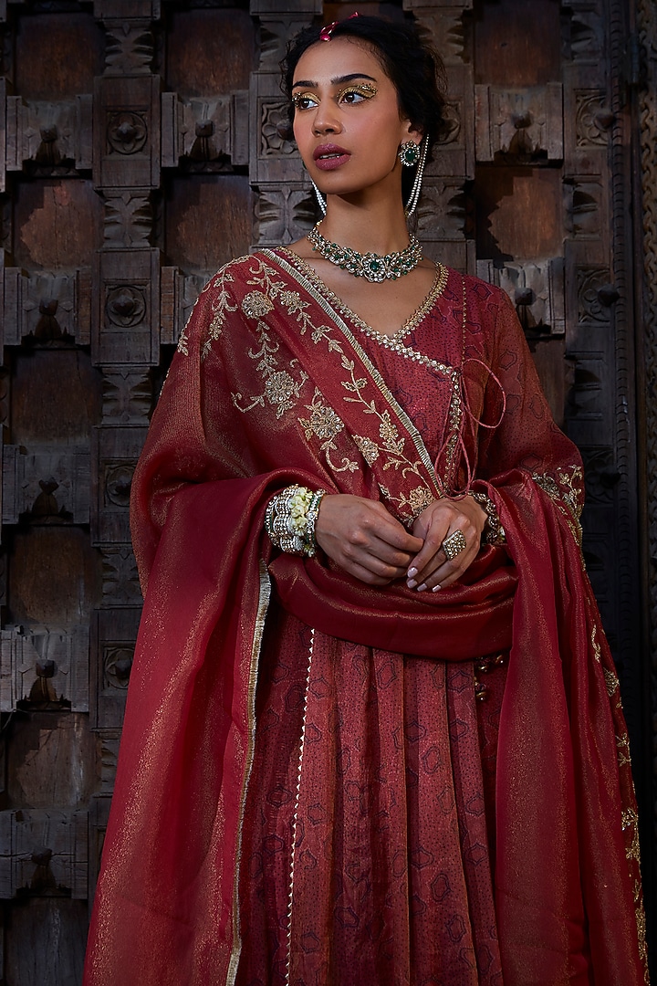 Rust Tissue Chanderi Printed & Embroidered Angrakha Kurta Set by Kritika Dawar at Pernia's Pop Up Shop