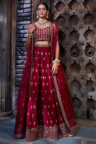 Raspberry Pink Silk embroidered Lehenga Set by Kritika Dawar