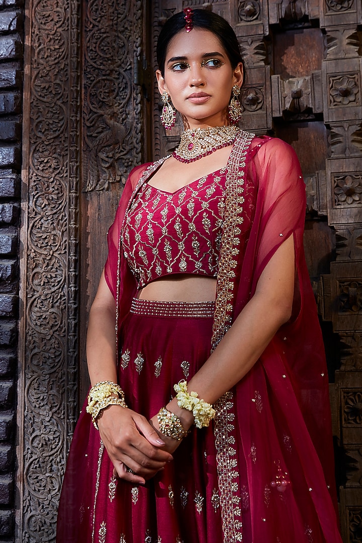 Raspberry Pink Silk embroidered Wedding Lehenga Set by Kritika Dawar at Pernia's Pop Up Shop