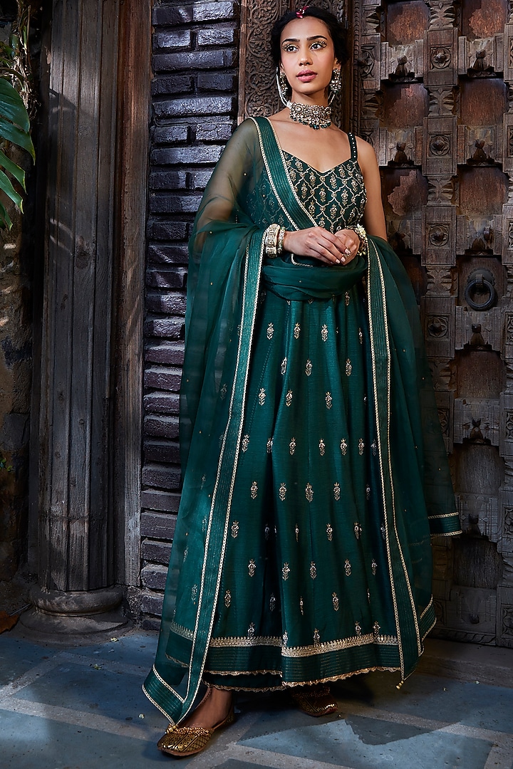 Teal Silk embroidered Anarkali Set by Kritika Dawar