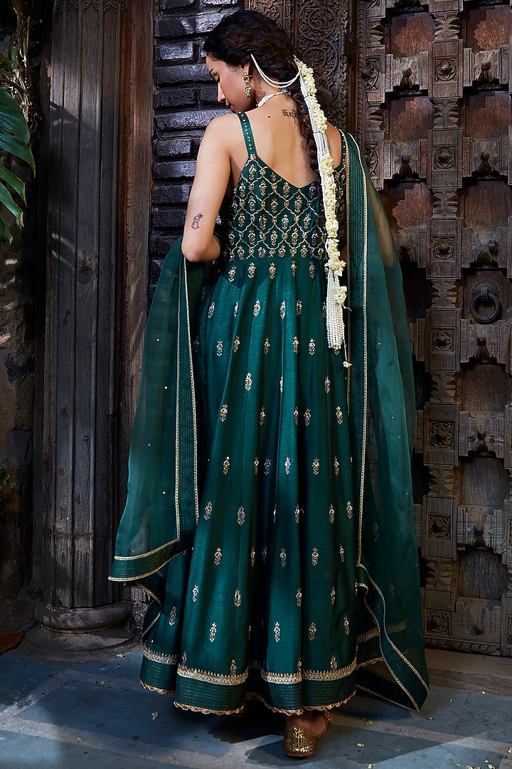 Teal Silk embroidered Wedding Anarkali Set by Kritika Dawar at Pernia's Pop Up Shop