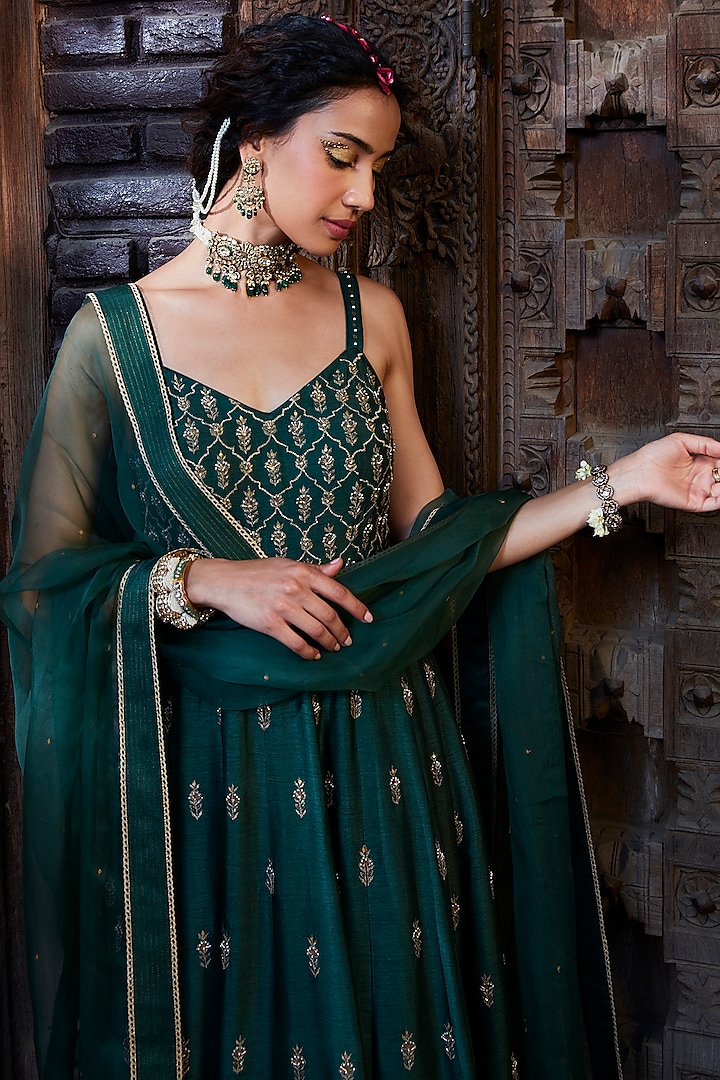 Teal Silk embroidered Wedding Anarkali Set by Kritika Dawar at Pernia's Pop Up Shop
