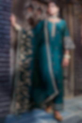 Teal Chanderi Hand Embroidered Kurta Set by Kritika Dawar at Pernia's Pop Up Shop