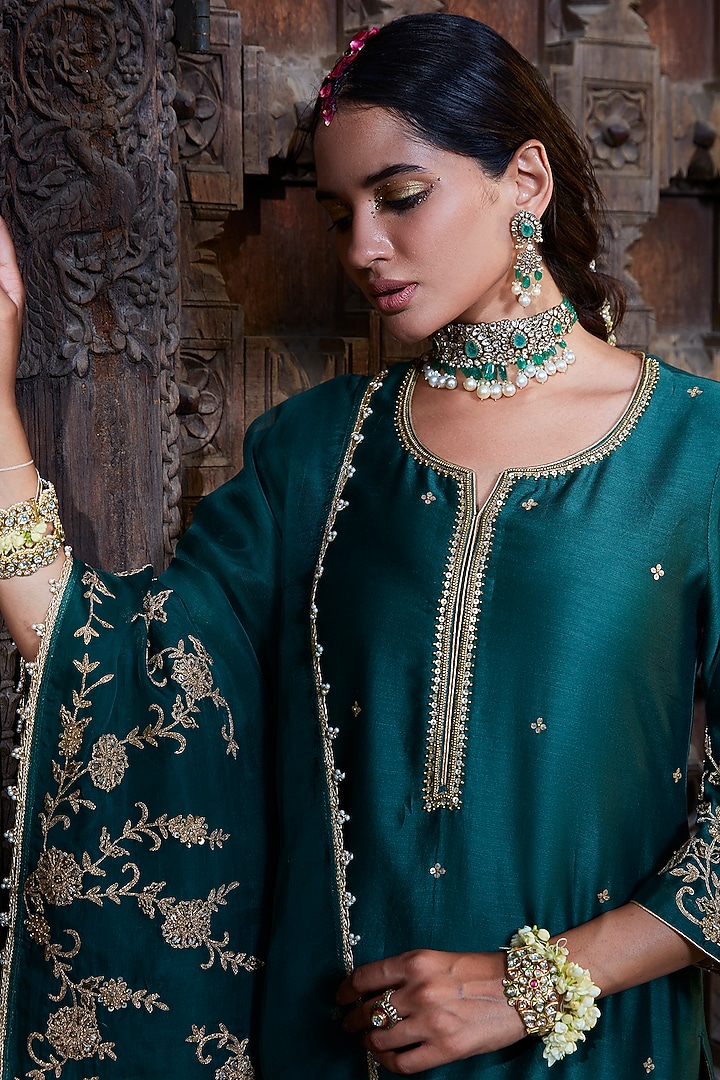 Teal Chanderi Hand Embroidered Kurta Set by Kritika Dawar at Pernia's Pop Up Shop