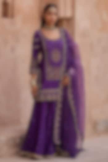 Purple Silk Pearl Hand Embroidered Wedding Sharara Set by Kritika Dawar at Pernia's Pop Up Shop