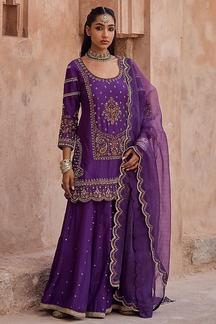 Purple Silk Pearl Hand Embroidered Wedding Sharara Set by Kritika Dawar at Pernia's Pop Up Shop
