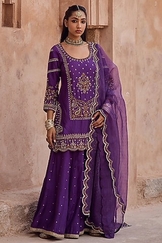 Purple Silk Pearl Hand Embroidered Sharara Set by Kritika Dawar