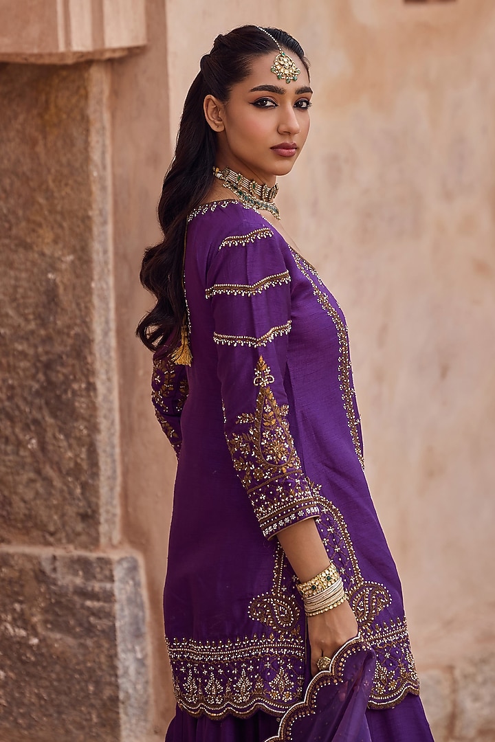 Purple Silk Pearl Hand Embroidered Wedding Sharara Set by Kritika Dawar at Pernia's Pop Up Shop
