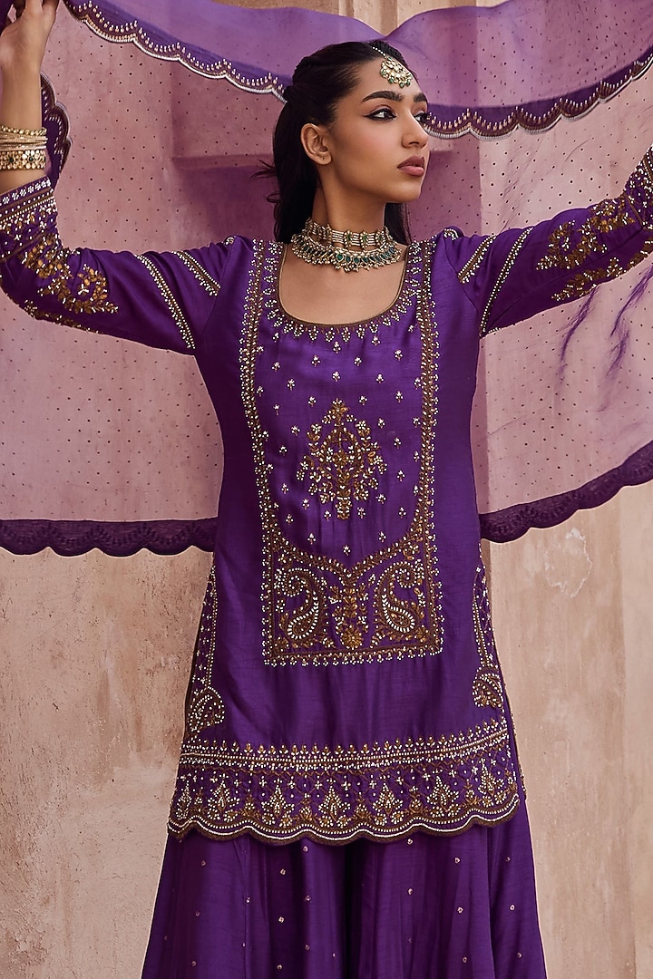 Purple Silk Pearl Hand Embroidered Wedding Sharara Set by Kritika Dawar at Pernia's Pop Up Shop