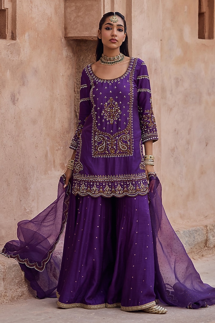 Purple Silk Pearl Hand Embroidered Wedding Sharara Set by Kritika Dawar at Pernia's Pop Up Shop