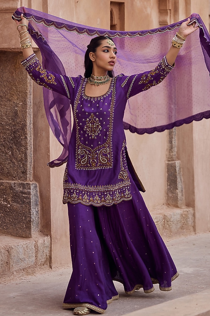 Purple Silk Pearl Hand Embroidered Wedding Sharara Set by Kritika Dawar at Pernia's Pop Up Shop