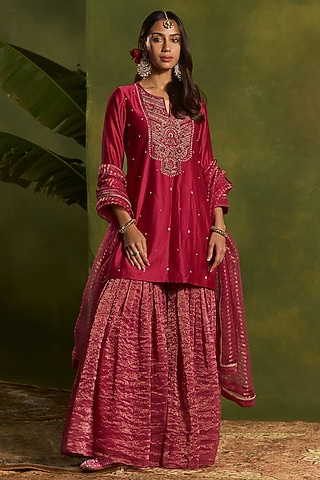 Magenta Tissue Embroidered Gharara Set by Kritika Dawar
