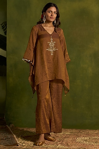 Brown Tissue Chanderi Hand Embroidered Kurta Set by Kritika Dawar
