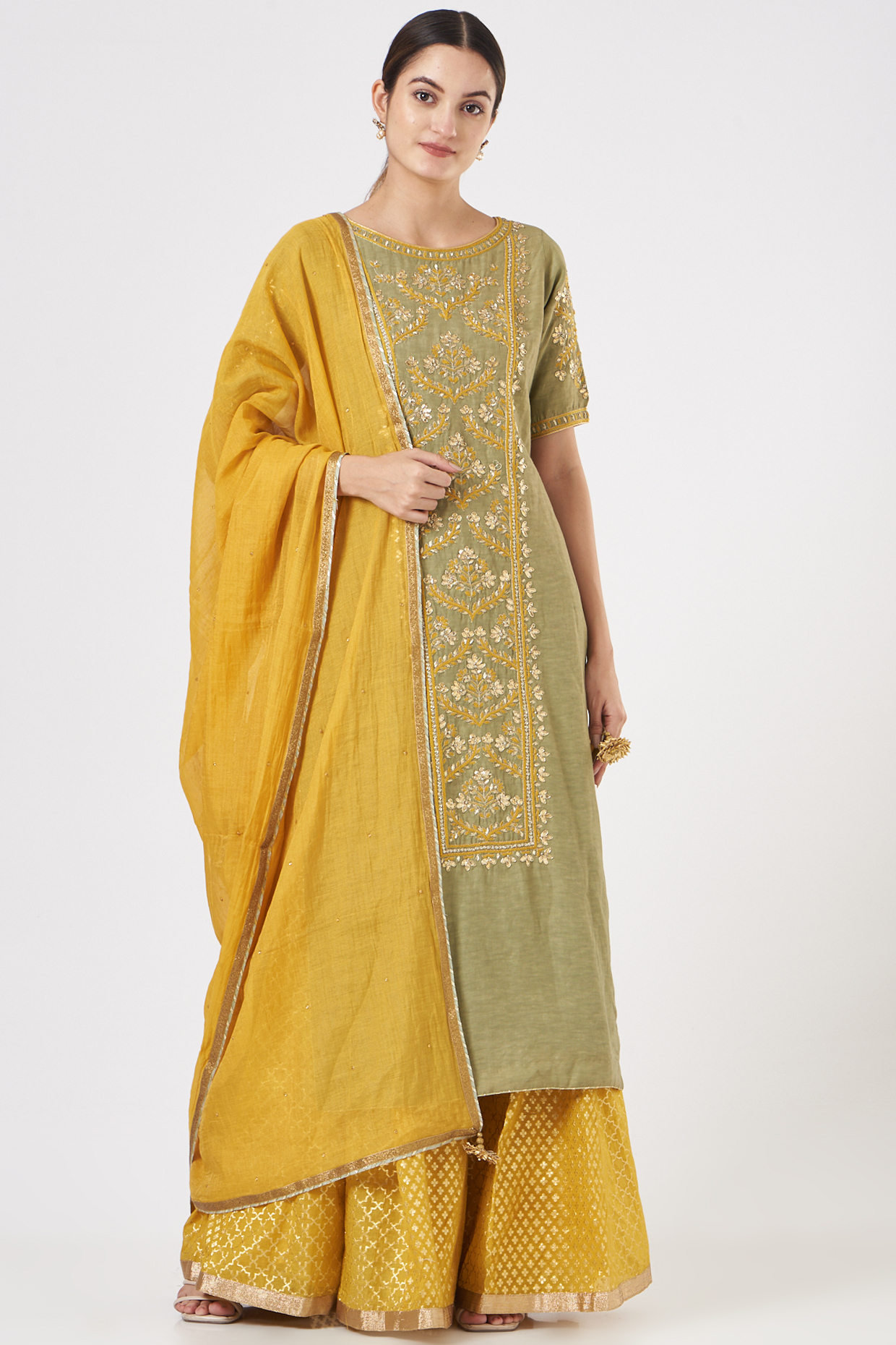 Sage Green Embroidered Kurta Set by Kritika Dawar at Pernia's Pop Up Shop