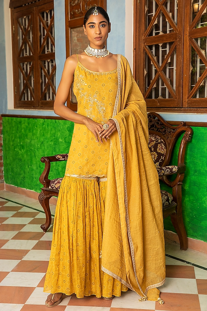 Yellow Tissue Chanderi Gharara Set by Kritika Dawar