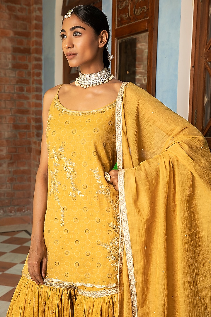 Yellow Tissue Chanderi Gharara Set by Kritika Dawar at Pernia's Pop Up Shop