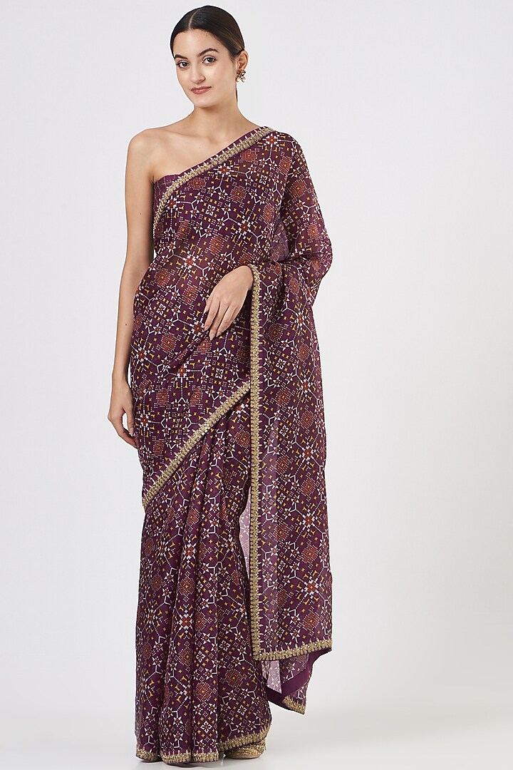 Purple Ikat Printed Saree Set by Kritika Dawar